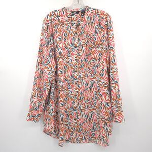 Lands' End womens 100% linen button up tunic top‎ Size XL leaf print long sleeve